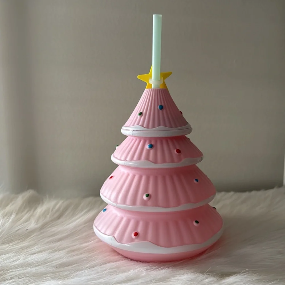 New! Pink Novelty Christmas Tree Tumbler w/ straw by Target Bullseye Playground